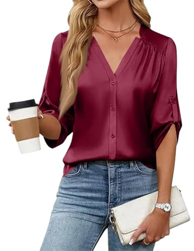 Chemise Femme Chic Et Élégant Chemisier Femme Blouses Satin Col en V Manches 3/4 Boutons À Manches Micro Ajusté Fluide Hauts pour Travail Élégant Et Sortie Décontractée Vin, M
