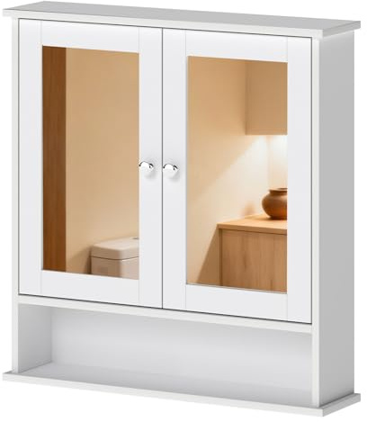 Levede White Bathroom Wall Cabinet with Double Mirrored Doors, Adjustable Shelf, MDF Particle Board, Wall-Mounted Storage Cupboard – 56 x 13 x 58 cm