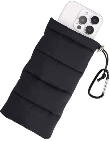 MOPZIJA Thermo Handyhülle Tasche Universal Daunen Pouch Handysocke Weihnachten Geschenke für Smartphones Handy Winter Handyhülle mit Karabiner Ideal für Outdoor Camping Wandern Skifahren (Schwarz)