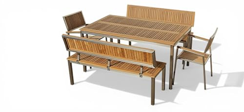 ALEOS. Gartengarnitur Edelstahl Teak Set mit Esstisch Gartentisch 160 x 90 cm + 2X Gartenbank 140cm + 2X Teak Sessel A-Grade Teak Holz Serie Kuba Gastroqualität