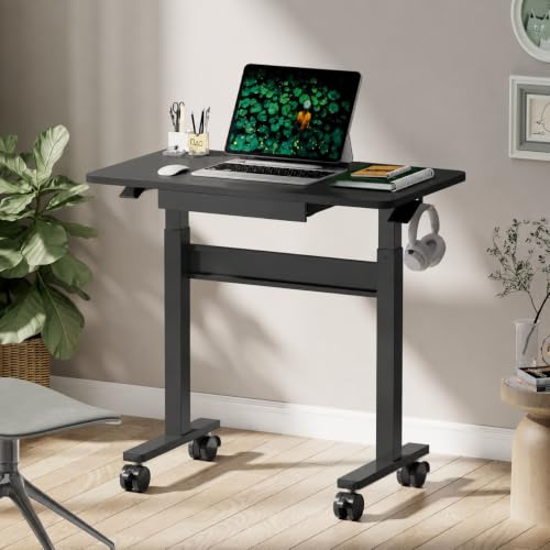 DAWNYIELD Computertisch pneumatisch höhenverstellbarer(88x50cm), Schwarz | Laptoptisch mit Rollen und Schublade, Überbett-Tisch, Steh-Sitz Schreibtisch für Büro, Wohnzimmer, Schlafzimmer, kleine Räume