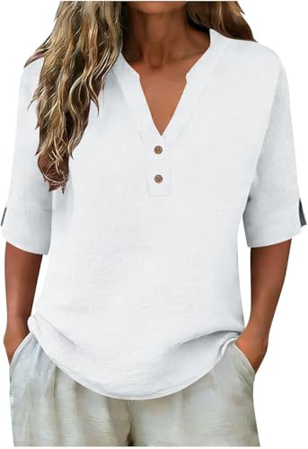 Women’s Linen Cotton Shirt V Neck 3/4 Sleeve Loose Fit Button Down Top Ligh
