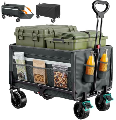 Chariot de plage pliable - 120 l - Avec hayon - Protection contre la pluie, porte-gobelet, bandes réfléchissantes - Pour chiens, shopping, camping, plage, transport (120 l plus avec frein, gris)