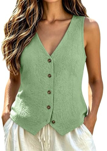 Chaleco de Algodón y Lino para Mujer, Sin Mangas, Cuello en V, Botones Frontales Chaquetas Mujer, Casual Elegante Ropa Mujer Camisetas Basicas, Ideal para Oficina y Verano, Sólido y Ajustado