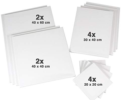 Keilrahmen Set 1 –12 Leinwände (20x20, 30x40, 40x40, 40x60 cm) – 380g/m² BW | Baumwoll-Leinwand, mehrfach grundiert & sofort malfertig. Für Acryl, Öl, Aquarell, Gouache & Tempera
