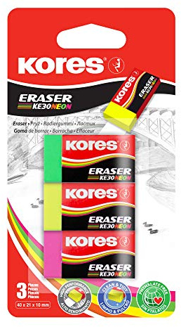 Kores - KE-30: Gomme in PVC con Rivestimento in Carta per Bambini, Studenti e Adulti, Non Tossiche e Adatte ai più Piccoli, 40 x 21 x 10 mm, Confezione da 3 in Colori Fluo Assortiti