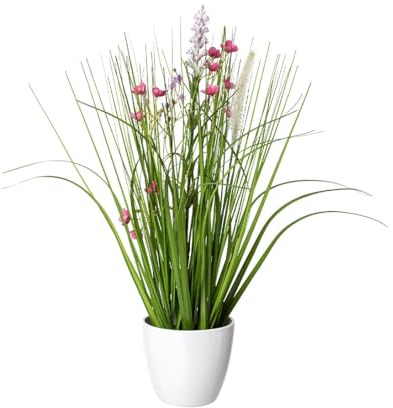 konstgjorda ängsblommor arrangemang 41 cm rosa-lila i rund kruka – konstgräs med blommande konstgjorda blommor och gräs
