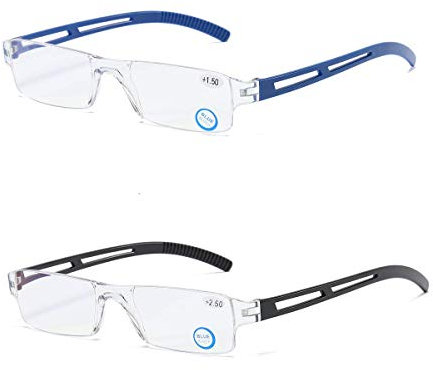 KoKoBin Lesebrille für Herren und Damen, randlos, rechteckig, +1,5, Blau, 2 Paar