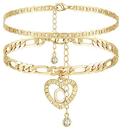 YANODA Initial Ankle Bracelets for Women 14K Gold Plated Layered Figaro Chain Letter Initial Anklets Handmade Layered Heart Ankle Bracelets Personalized Jewelry for Women C
