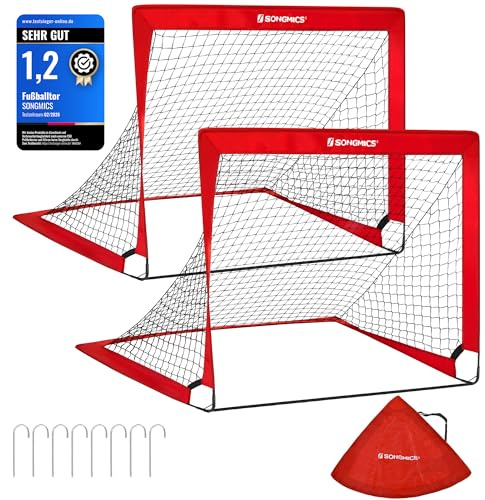 SONGMICS Set med 2, fotbollsbur, barn, vikbar, fotbollsnät, snabbmontering, trädgård, gård, gård, glasfiberram, Oxford och polyester, röd SZQ122R02