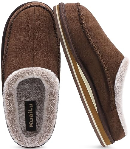 KuaiLu Herren Kuschelschuhe aus Plüsch mit offenem Rücken Herren Memory-Schaum Clog Hausschuhe Bequeme handgemachte Stitch Microsuede Slip-On Hausschuhe mit stützend Indoor Outdoor Braun Größe 45