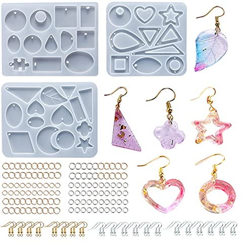 143 Pièces Époxy Résine Lot Moulage Bijoux Silicone Moules Outils avec Crochets Anneaux Bricolage Kit pour Fabrication Création de Bijoux Pendentif Boucle d'Oreilles Collier Bracelet Accessoire