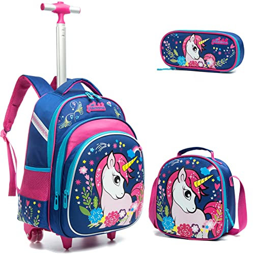Egchescebo Rucksack Mädchen Schulranzen Trolley Schulrucksack Mädchen Teenager 3PCS 16” Kinder Schultrolley Geeignet für Schule und Reise Essensbeutel und Federmäppchen Blauer Einhorn-Rollenrucksack