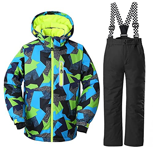 Skiddräkt för barn, pojkar barn, overall, barn vinteroverall vattentät skiddräkt pojkar, utomhus varm skidåkning kläder, skidjacka och skidbyxor, 2 grön + svart, 14