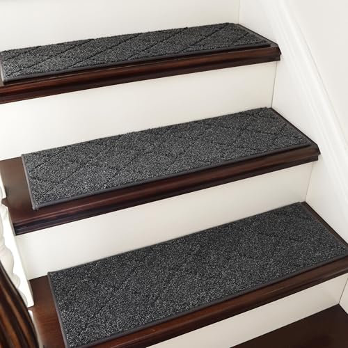 COSY HOMEER 15 Pack Full Edge Wrapping Stair Carpet Treads,70x22 CM Non-Slip Stair Tread Runners for Indoor Wooden Steps Stairs Soft Polyester, Easy Care & Peel Noice Reduction, Black