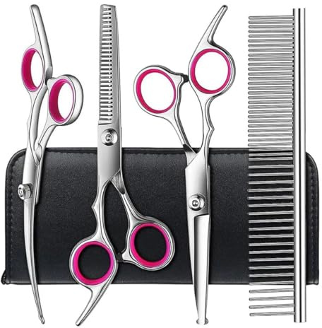 Dog Grooming Scissors, 5Pcs 6-Inch Professional Stainless Steel Titanium Coated Stainless Steel Dog Grooming Kit, Straight/Curved Shears Dogs Scissors Set with Case & Comb, Pink