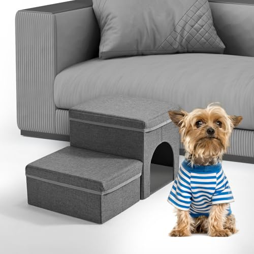 Escaleras para Perros, Sunowl Plegables Escalera Perro de 2 Escalones, Extra Anchos Escalones para Mascotas con Almacenamiento y Casa, Inferior Antideslizante, Escalera para Perros Pequeños