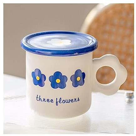 SUREK Portable Niedliches Tassenset, runder Frühstücksbecher aus Keramik mit Löffel und Deckel, moderner Büro-Kaffeebecher für Kaffee, Tee, Kakao, 500 ml wunderschönen
