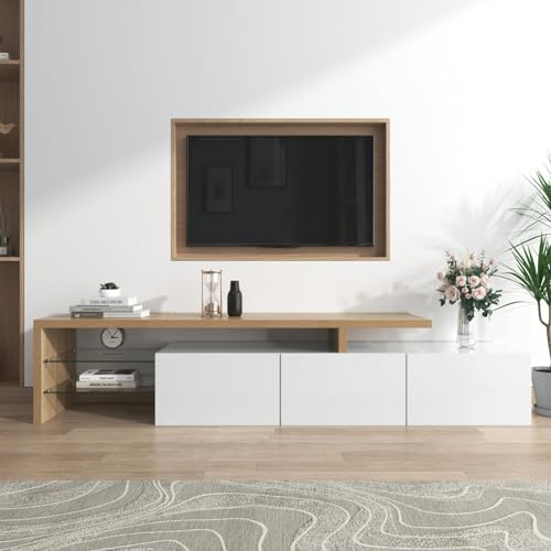 KOMHTOM Meuble TV blanc/noir avec LED, buffet à 3 portes et 2 étagères en verre, armoire multifonction pour salon et chambre à coucher (blanc)