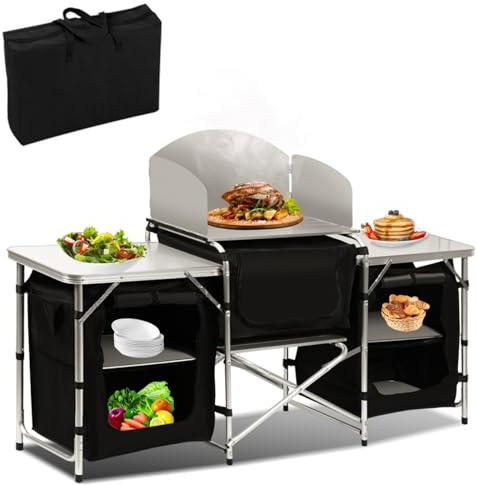 Tubiaz campingkök, campingskåp med aluminiumram, hopfällbart campingkök med värmebeständig bänkskiva och stänkskydd, för camping och utomhus, inklusive bärväska