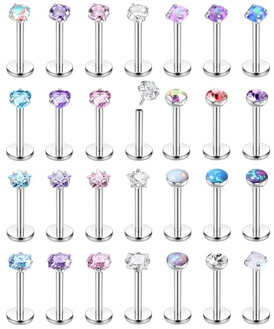 Adramata 28Pcs Nasenpiercing Stecker Chirurgenstahl Lippenpiercing Gewindeloses Einschieben Monroe Medusa Labret Piercings Set Klein CZ Opal Piercing Ohr Conch Tragus Piercing Helix Piercings