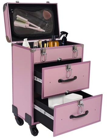 Begoniape Kosmetikkoffer Trolley Schminkkoffer 3 Fächer Make up Organizer Aluminium Multikoffer Kosmetik Trolley Nagelkoffer Beautycase Friseurkoffer mit Rollen und Metallschlösser Rosa