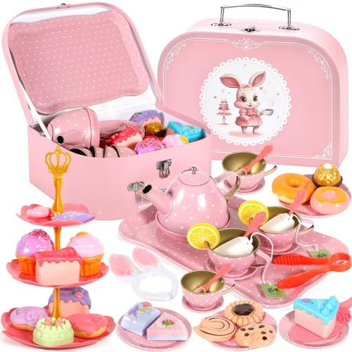 JEDWKFA 50-teilig Teeservice Kinder,Puppengeschirr Kinderküche Tin Teekanne Set,mit Rosa Bunny Spielzeug Tragetasche,mit Dessert Rollenspiele für 3 4 5 6 7 Kinder Mädchen