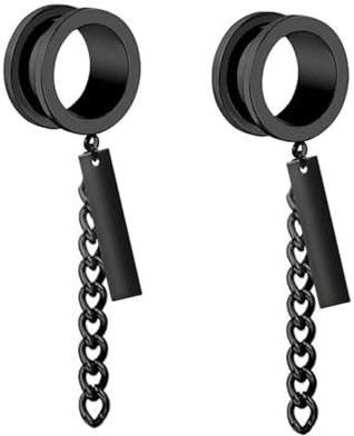 2Pcs Tunnel 16mm Frauen Edelstahl, Tunnel Plug Schwarz Rund Mit Kette Und Rechteckigem Anhänger Flesh Tunnel Set