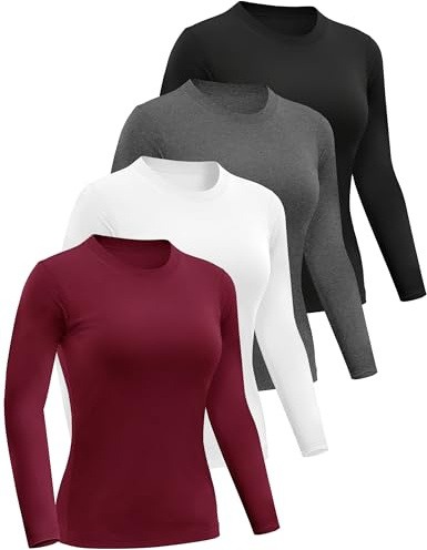 Dalavch 4 Pack Women’s Long Sleeve Basic Shirts Crew Neck Slim Fitted Compression Gym Workout Athletic Underscrubs Tops 1 Black 1 Heather Grey 1 White 1 Wine Medium