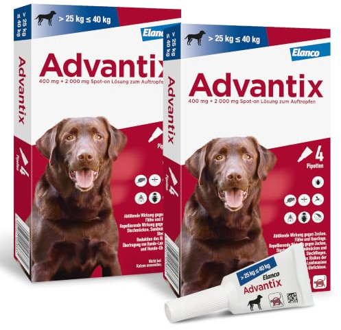 Advantix Spot-on für Hunde 25-40 kg gegen Zecken, Flöhe, Mücken, 8 Pipetten | Wehrt Zecken, Mücken & Stechfliegen ab, bevor sie stechen. Tötet Flöhe schnell ab. Idealer Reiseschutz für deinen Hund.
