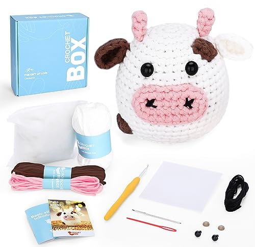 CrochetBox Komplettes Häkelset für Anfänger, Weißer Bulle Häkelset, Video-Tutorial einbeziehen, Anleitung, Weiches Garn