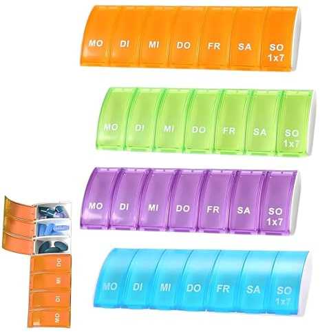 4 Stück Medikamentenbox 7 Tage Supplement Box Medikamenten Organizer Abnehmbar Pillendose Tabletten Organizer 7 Tage Pill Box Medikamentenboxs Leicht zu Öffnen Regenbogen Pillendose Klein Tablettenbox