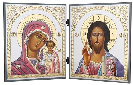 NKlaus Diptychon, aus Holz, Reisealtar, Jesus Christus, Kazan, 1 Stück | Goldene Prägedruck-Verzierung und schützende Lackschicht bewahren brillante Farben und feine Details
