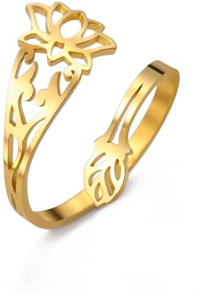 Dreamtimes Lotus Blume Ringe für Frauen Edelstahl Vintage Yoga Schmuck Ermutigung Elegant Boho Einstellbare spirituelle Ring Mutter Bague Geschenk