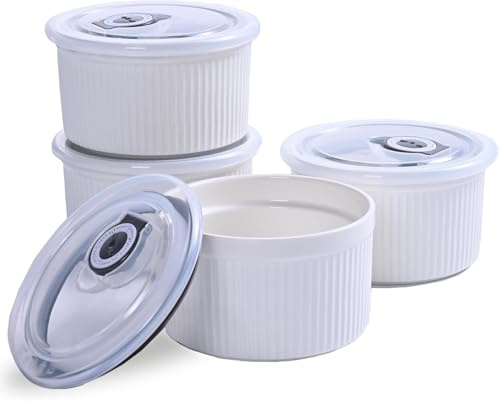 Ceramic Ramekins with Lids Oven Safe Set of 4, 400ml - 14oz Ceramic Baking Dishes, Ideal for Crème Brûlée, Individual Desserts & British Puddings, Air Fryer & Dishwasher Safe, (White)