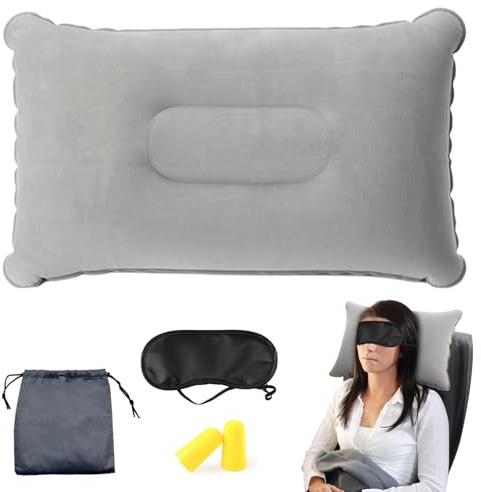 Vlecexs Cojín inflable, cojín de viaje para camping, cojín de aire, cojín de terciopelo, cómodo cojín de viaje para coche para camping y viajes, gris