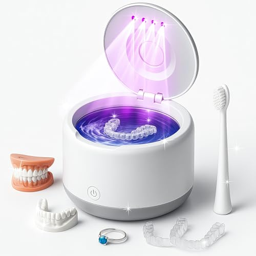 Myelysse Máquina limpiadora ultrasónica recargable, 46 kHz, cápsula de limpieza dental portátil para protectores bucales nocturnos, frenos, joyas, alineador, batería de 2500 mAh para viajes y hogar