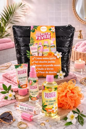 French Tendance – Trousse Cosmétique Beauty Fever | Gel Douche Jasmin, Brume Corporelle Monoï, Crème Mains Karité, Huile à Lèvres & Fleur de Douche | Coffret Beauté Femme