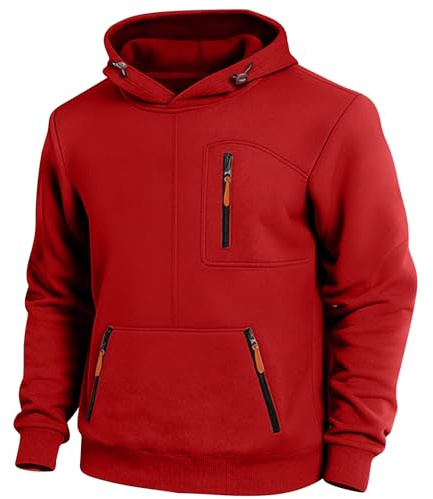 FAVIPT Mens Sweatshirt Tactical Hoodies for Men Work Sport Hooded Sweatshirt Long Sleeve Gym Workout Hoodies Lightweight Pullover with Pockets Red