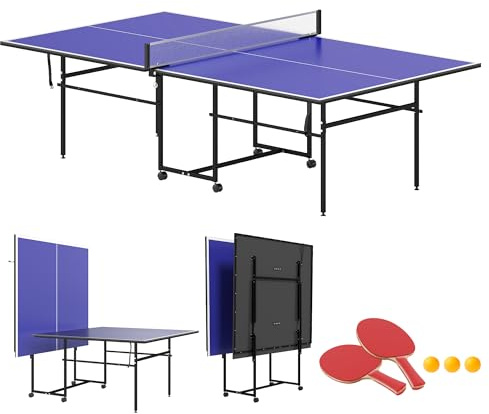 SPORTNOW Tavolo Ping Pong Pieghevole Salvaspazio per Interni, Tavolo da Ping Pong Professionale con Ruote Girevoli, Rete, Racchette e Palline, Blu