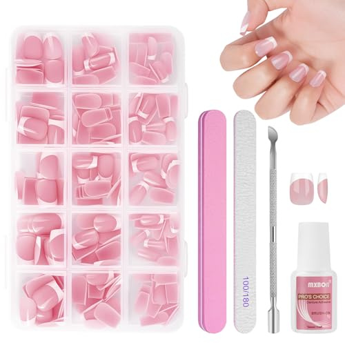 BUTBU 240 Stück Falsche Nägel Tips Set, 15 Größen Französisch falsche nägel Zum Aufkleben, French Press On nail set, Fake nails mit Kleber für Damen Und Frauen (Rosa Kurze Sargnagelspitzen)