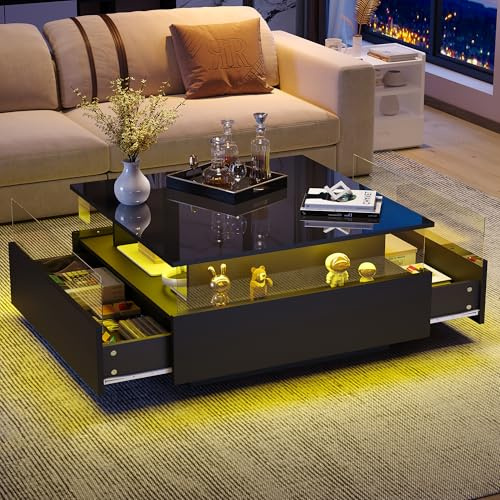 OKMYHOME Table Basse Carrée avec LED et 2 Tiroirs, Vitrine Transparente et Plateau Laqué - Noir - 70×70×41 cm