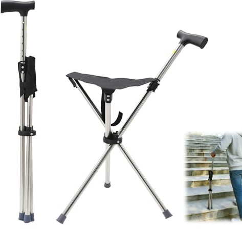Bastón plegable con asiento, altura ajustable de 80 a 90 cm, capacidad de carga de 100 kg, base de silicona antideslizante, ligera, ideal para viajes y camping, adecuado para personas mayores con una