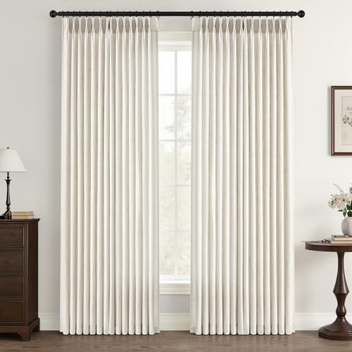 Natural Pinch Pleated Linen Curtains 84 Inch Long 2 Panels for Living Room Bedroom Country Farmhouse Thick Linen Textured Semi Sheer Back Tab Pinch Pleat Hooks Rings Window Curtain Birch Cream 7 FT