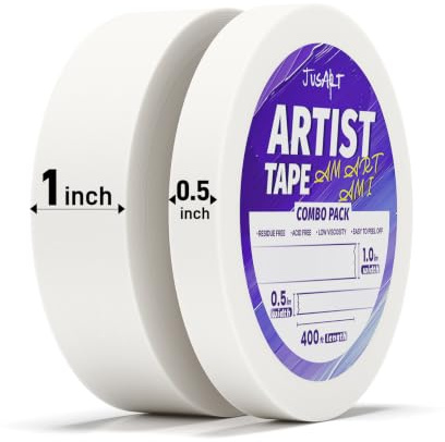 JusArt Lot de 2 rouleaux de ruban adhésif pour artistes pour papier aquarelle, largeurs 1,27 cm et 2,5 cm, longueur totale 122 m, ruban blanc pour masquage, dessin technique et peinture, sans acide