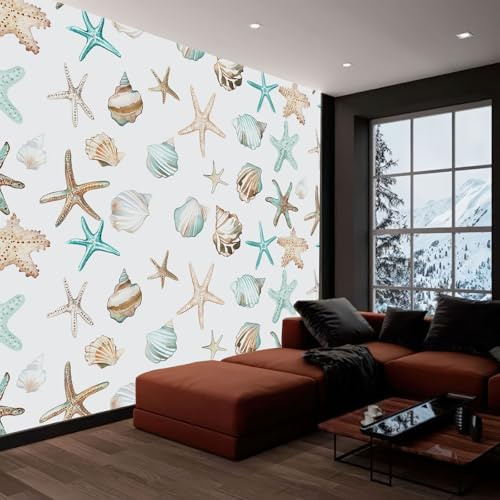 Fotomurales 250x175 cm Papel Pintado Tejido no Tejido Brisa Costera Conchas Marinas Estrellas De Mar Blanco, Moderna Murales Fotográfico Decoración de Pared Sala Cuarto Oficina Salón