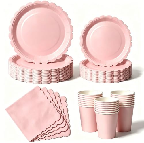 Nkaiso Set de Vaisselle Jetable 50 Pièces Rose Clair 10 Personnes | Service Tout - 10 Assiettes Plates, 10 Assiettes Dessert, 10 Gobelets, 20 Serviettes - Pour Anniversaire, Mariage, Fête