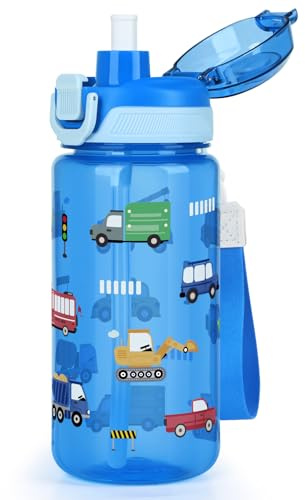 omedecal Borraccia Bambini con Staccabile Cannuccia 600ml, Veicolo | Bevanda Diretta, a Prova di Perdite, Serratura Sicura, Apertura One-Touch, Maniglia per il Trasporto, Lavastoviglie Senza BPA