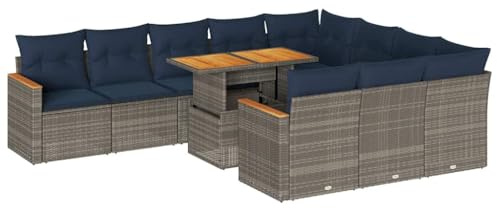 Foknhdi 11-TLG Gartenlounge Grau Poly Rattan Sofa Set mit höhenverstellbarem Akazienholz-Tisch marineblaue Kissen 110 kg belastbar für Balkon Terrasse Wintergarten
