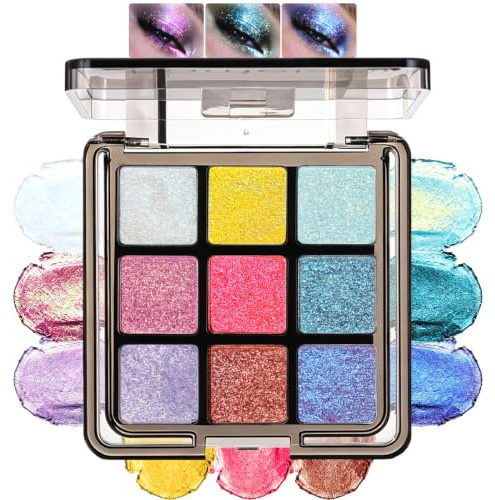 Prreal 9 färger kameleon ögonskugga, glitter ögonskugga-palett, multikrom ögonskugga, högpigmenterade metalliska ögonskuggor highlighter, vattentät långvarig fest karneval festival ögonmakeup, 01